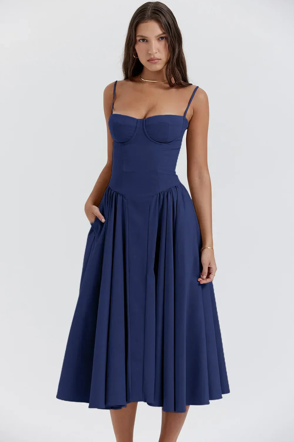 Damen Midi-Kleid – Strukturiertes Oberteil, Faltenrock, Taschen-83506-dfd19c07-65b1-4957-b2ac-a283e9d90316