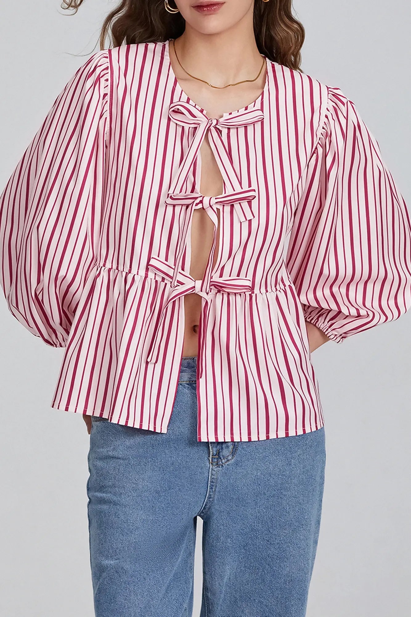 AVA MODA Damen Bluse mit Schleifendetail, Schößchensaum und Dreiviertelärmeln – Mehrfarbig-83302-e94139da-b7bb-49bc-ad00-089ee80985c6