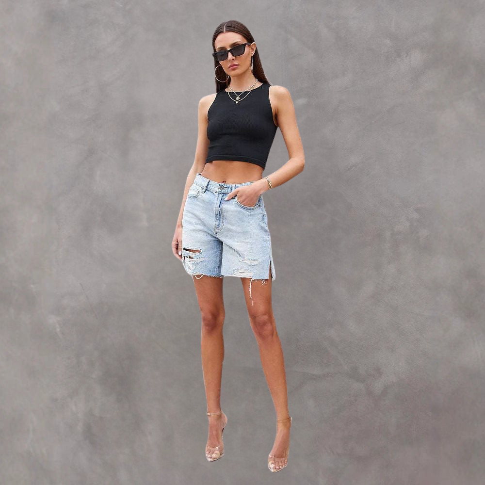Damen Shorts – Distressed Denim, Seitenschlitze, Moderner Schnitt, AVA MODA-83378-f1ab7d81-d508-454a-9c83-70c32e842cab