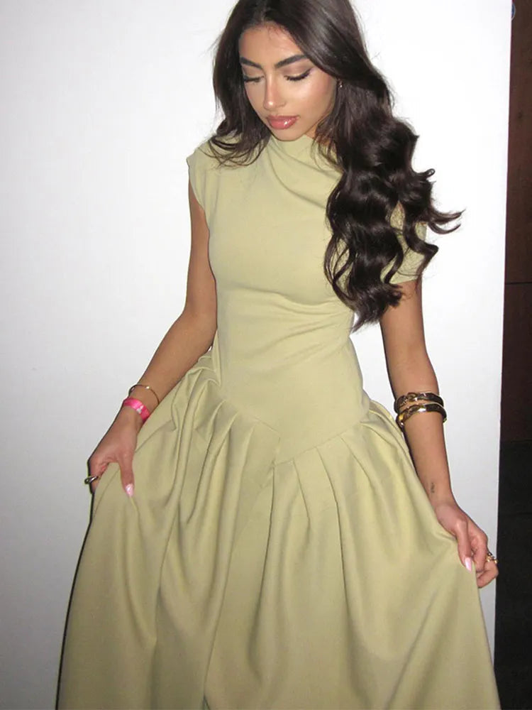 Asymmetrical Dress - High Neck, Fitted Bodice