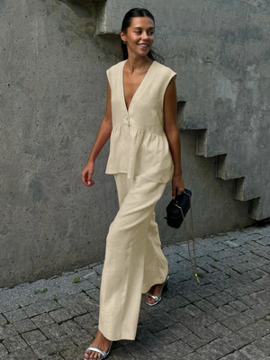 AVA MODA Damen Zweiteiler Leinen – Ärmelloses Top, Weite Hose, V-Ausschnitt-83272-f4de8f55-5acf-4d12-aacf-08c7b8ad49f0