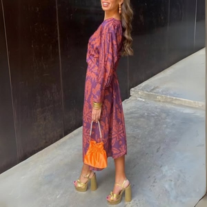 Damen Langarmkleid – Bedruckt mit V-Ausschnitt & Knotendetail-83293-faedb750-924e-48da-9f5b-c436018c2175