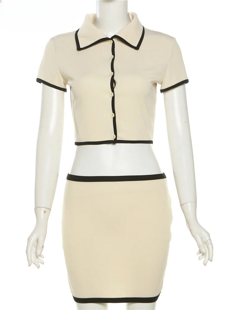 Polo-Strickset mit Minirock - Kontrastbesatz