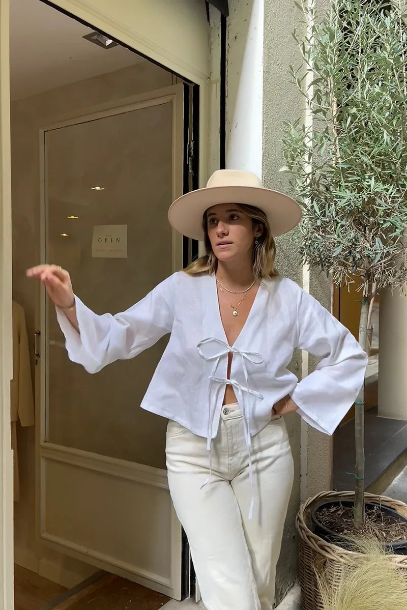 Damen Leinen Zweiteiler – Langarm Top mit Bindedetail & Shorts mit Gummibund, Lässig-83296-ffbb7dff-d3a9-459c-acb8-a332e7ef9bc2